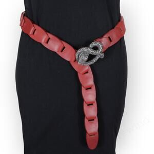 Vintage Interlocking Snake Belt Red Leather Pewter Buckle 80s Hip Bias Hanging